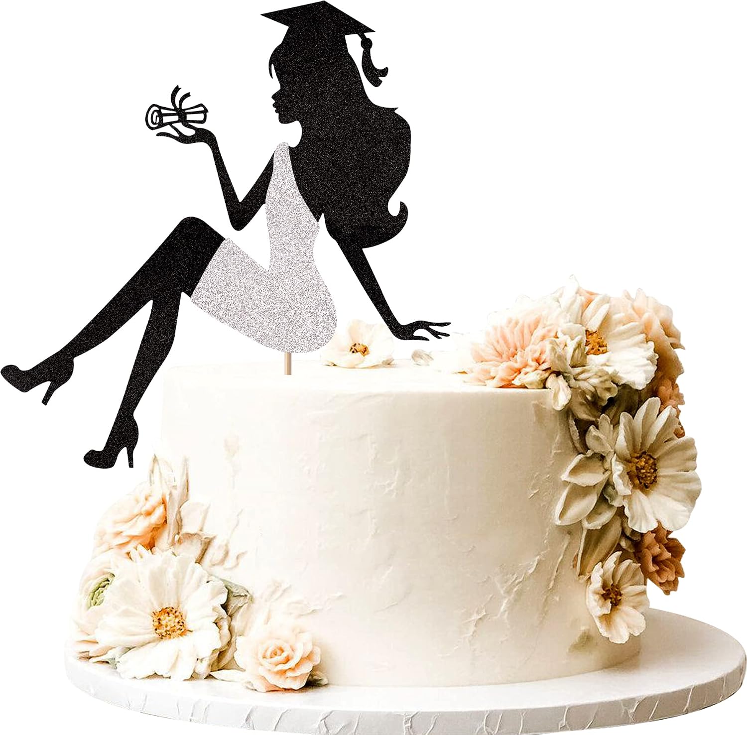 1 PCS High Heel Girl Graduation Cake Topper with Glitter Grad Cap Diploma 2026 Graduation Cake Pick 2026 Senior Graduation Cake Decorations for 2026 Girl Graduation Theme Party Supplies Silver
