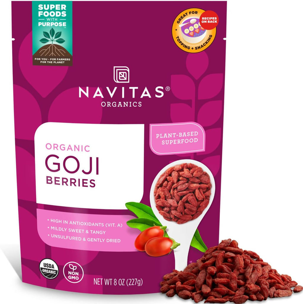 Navitas Organics Goji Berries – For Smoothies, Trail Mix, Baked Goods, Oatmeal & More – Vitamin A, Antioxidants, Fiber – Wolfberry - USDA Organic, Non GMO, Gluten Free, Vegan (8oz. Bag, 8 Servings)