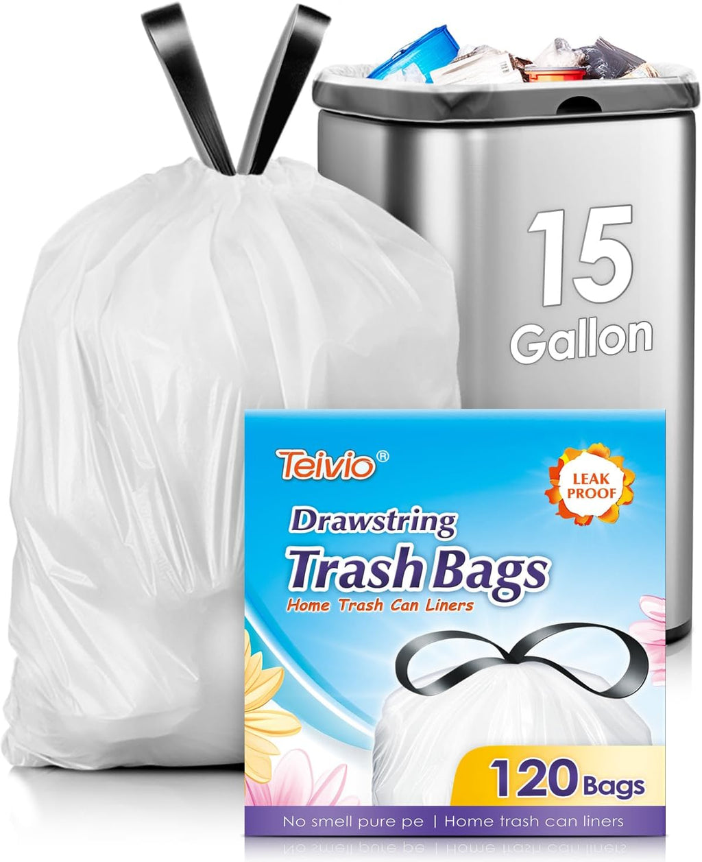 15 Gallon 120 Counts Strong Drawstring Trash Bags Garbage Bags by Teivio, Bathroom Trash Can Bin Liners, Plastic Bags for home office kitchen, White