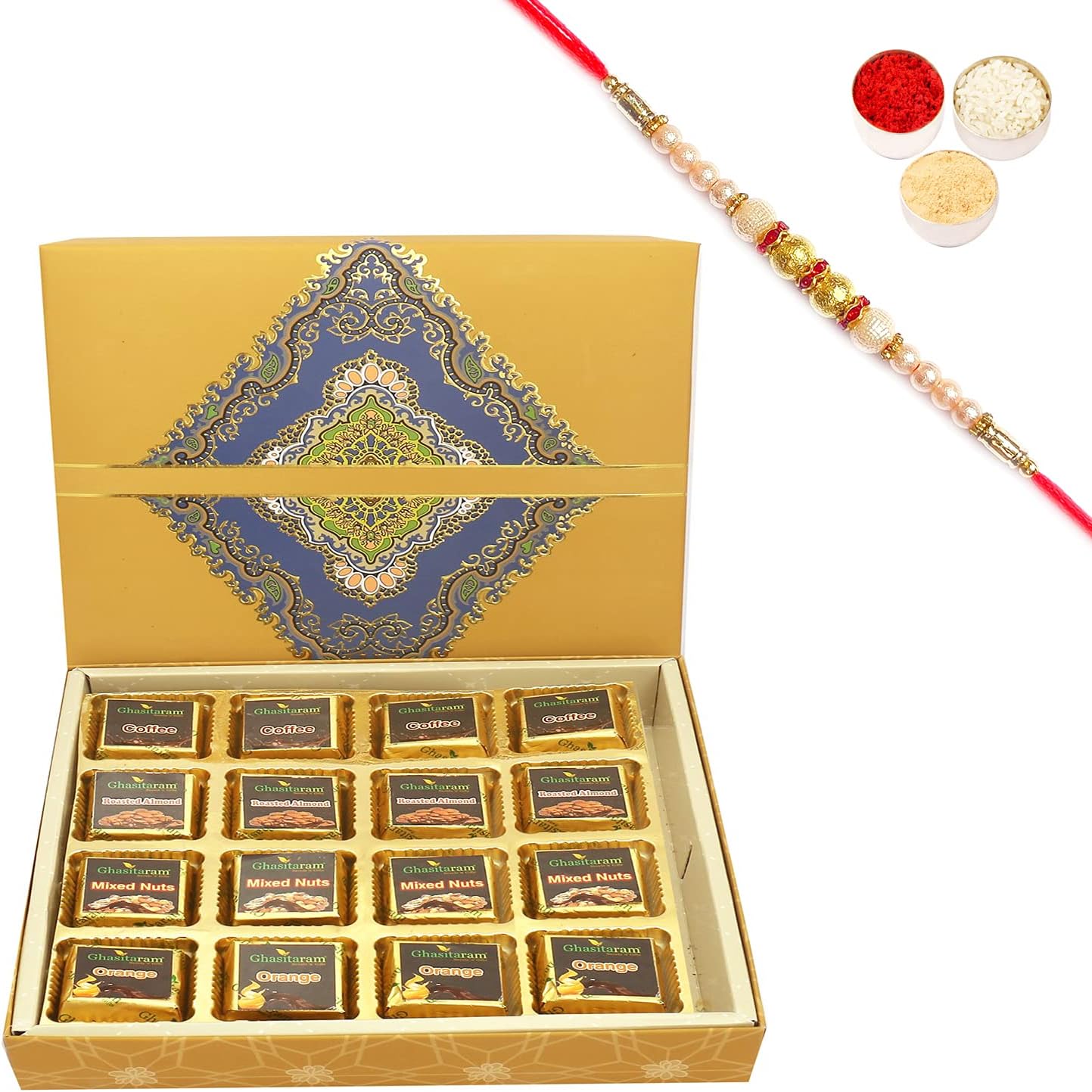 Ghasitaram Gifts Rakhi Gifts for Brothers 16 pcs Assorted Sugafree Chocolates SQ Box with Pearl Rakhi