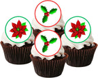 Poinsettia Holly Edible Cupcake Toppers, Christmas Cake Decorations, Christmas Cake Topper, Xmas Poinsettia Cupcake & Cookie Decor, PRECUT 4cm / 1.5 inch Wafer Discs (24)