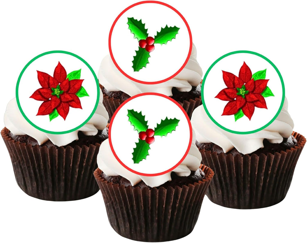 Poinsettia Holly Edible Cupcake Toppers, Christmas Cake Decorations, Christmas Cake Topper, Xmas Poinsettia Cupcake & Cookie Decor, PRECUT 4cm / 1.5 inch Wafer Discs (12)