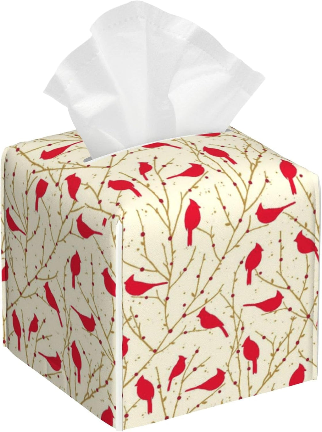Cardinal Birds on Branches Tissue Box Cover,Red Berries Tissue Box Holder Square with Bottom Belt,Organizer Portable Decorative Facial Paper for Bedroom Dresser Office Desk,5.2" x 5.2" x 5.2"