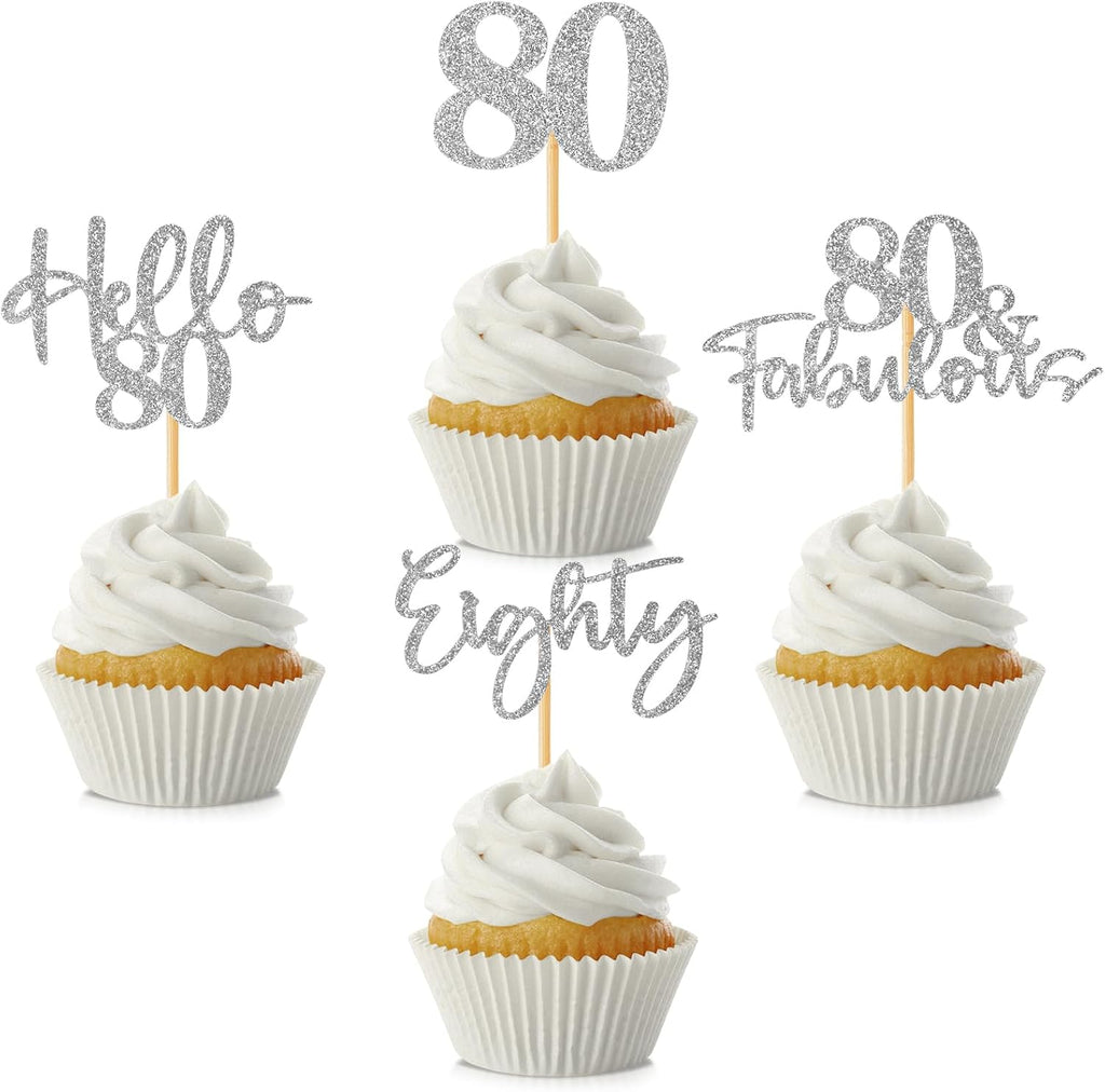 48Pcs 80th Birthday Cupcake Toppers Glitter Hello 80 Cupcake Topper 80 Fabulous Eighty Cupcake Picks for Happy 80th Birthday Wedding Anniversary Party Cake Decorations Supplies, Silver