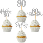 48Pcs 80th Birthday Cupcake Toppers Glitter Hello 80 Cupcake Topper 80 Fabulous Eighty Cupcake Picks for Happy 80th Birthday Wedding Anniversary Party Cake Decorations Supplies, Silver
