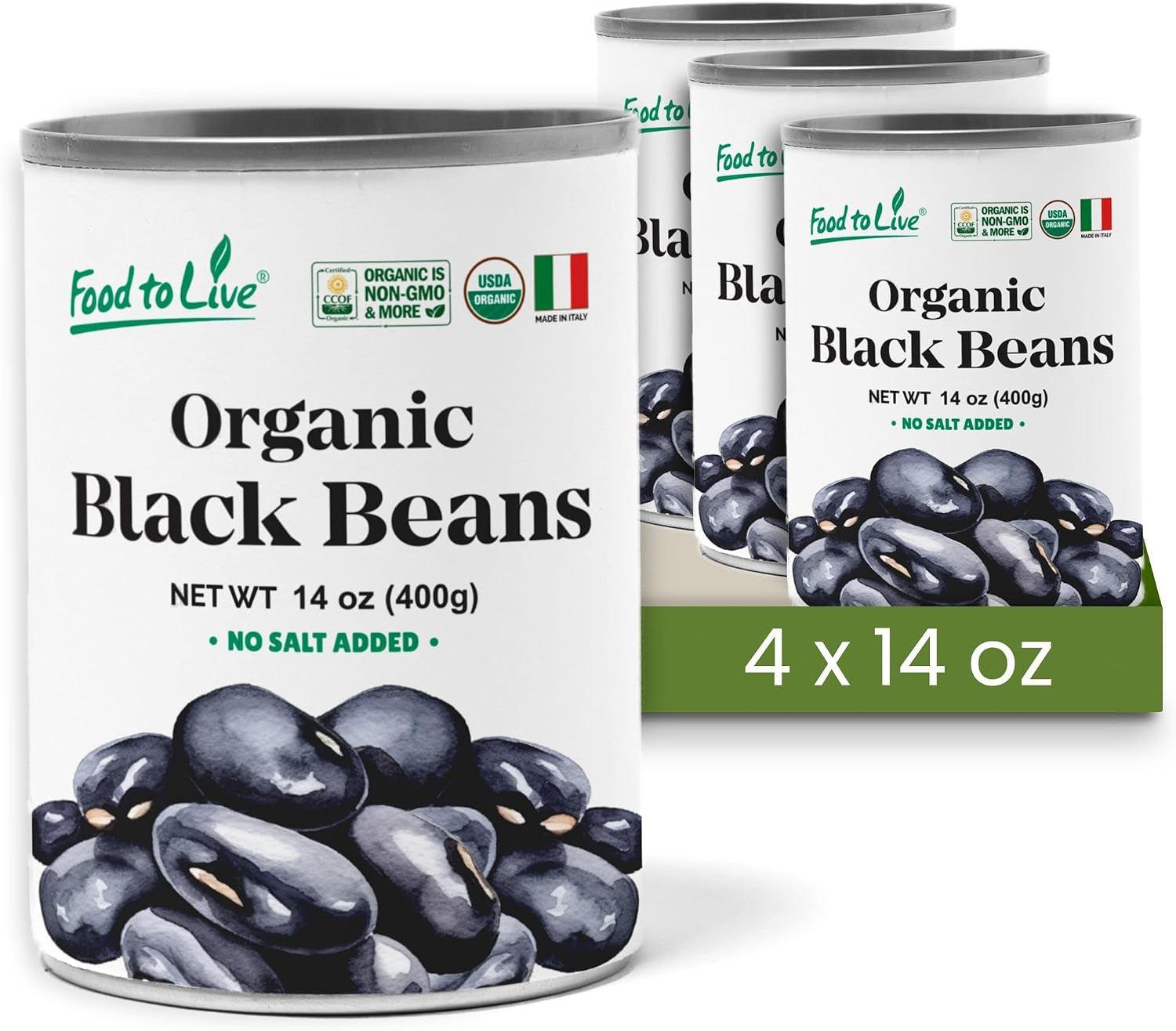 Food to Live Organic Canned Black Beans, 14 oz (Pack of 4) - Unsalted Non-GMO Frijoles Negro. Perfect for Salads, Soups, Stews. Vegan. Made in Italy