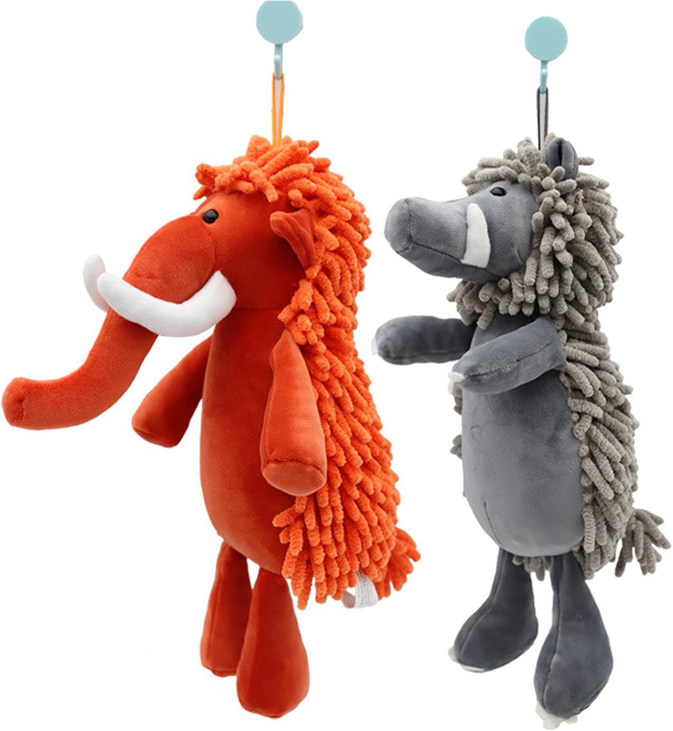 Forest Animals Fuzzy Ball Hand Towel Set of 2, Series Super Soft Chenille Bath & Kitchen Towels, Absorbent Decorative Fuzzy Ball Hanging Towel for Bathroom, Sink, Countertop (Elephant,Wild Boar)