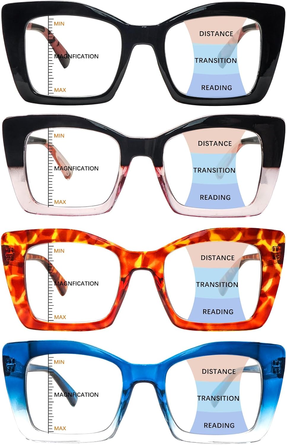 COJWIS Multifocus Progressive Reading Glasses for Women - Bifocal Computer/Book Readers Blue Light Blocking With Spring Hinge