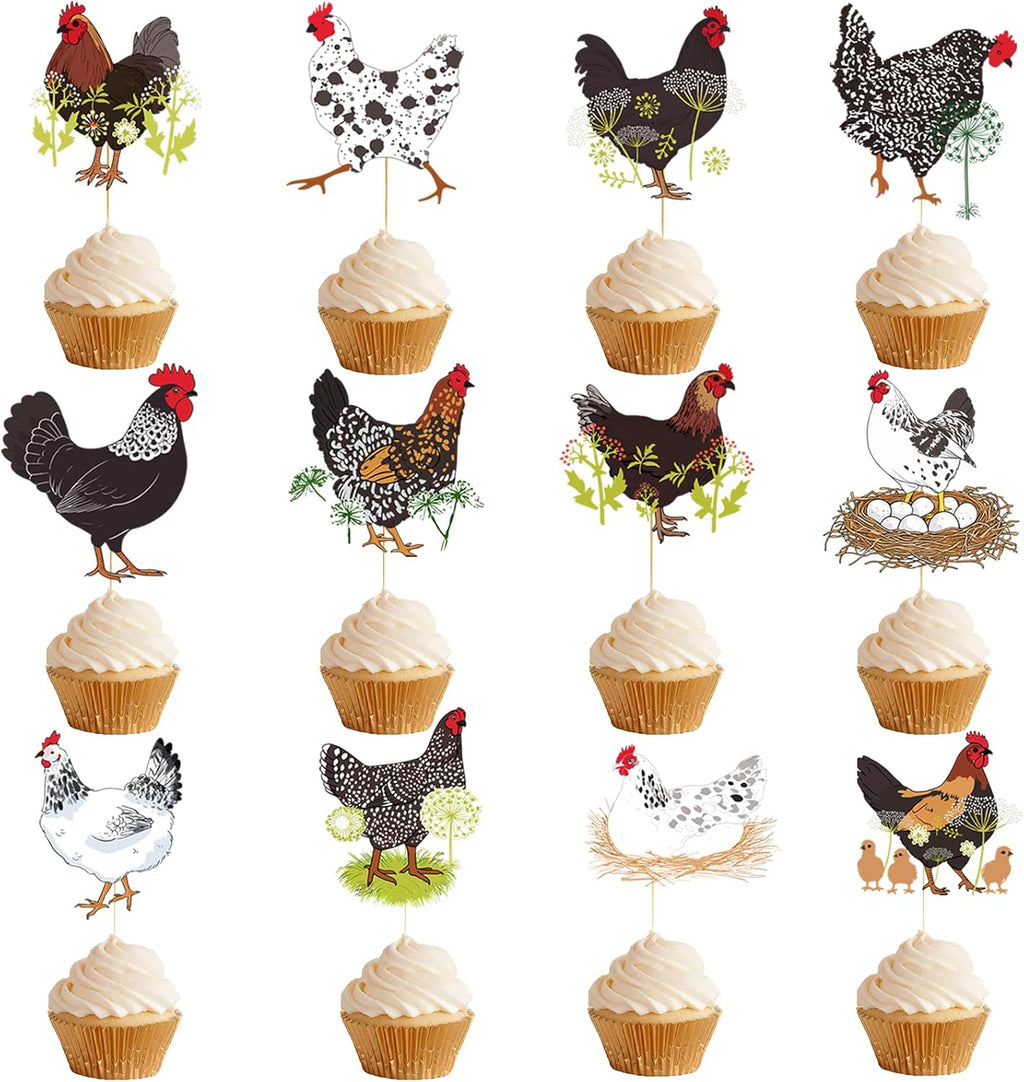 36Pcs Chicken Cupcake Toppers: Chicken Cake Decorations Chicken Party Decorations Chicken Birthday Decorations Farm Animal Cupcake Toppers