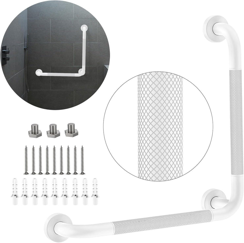 Angled Grab Bar - 16x16 Inch Stainless Steel Knurled Toilet Handles Wall Mounted Bathroom Handicap Safety Rails for Elderly Injured Balance Support, L-Shaped White Grab Bar for Shower