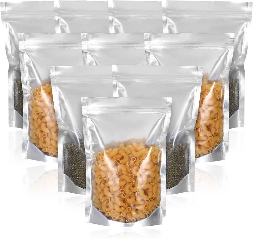 100 Pack 7 x 10 Inch Stand Up Pouch Bags with Resealable Lock Seal Zipper Clear Front Aluminium Foil Back Mylar Bags Reusable Food Storage Bags for Multipurpose