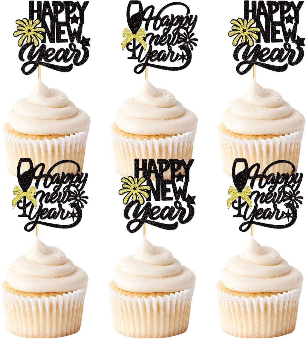 24 Pcs Happy New Year Cupcake Toppers Welcome 2026 Picks Fireworks Goblet Cupcake Toppers for Congratulations 2026 Happy New Year Eve Holiday Theme Holiday Party Decoration Black 1