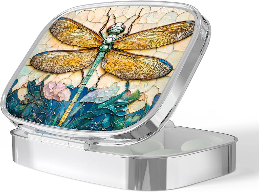 Pill Box-2 Compartment Small Pill Case Portable for Pocket & Purse Single Pill Carrier Pill Container to Hold Vitamins Medication Fish Oil and Supplements BPA-Free(Dragonfly)