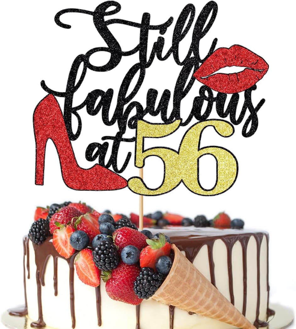 Still Fabulous at 56 Cake Topper,Happy 56th Birthday Cake Topper, Queen High heels Big Red lips Cake Topper,Women 56th Birthday Party Cake Decorations