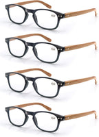 MODFANS 4 Pack Reading Glasses 1.5 Fashion Wood-Look Spring Hinges Stylish Readers Men Women Black