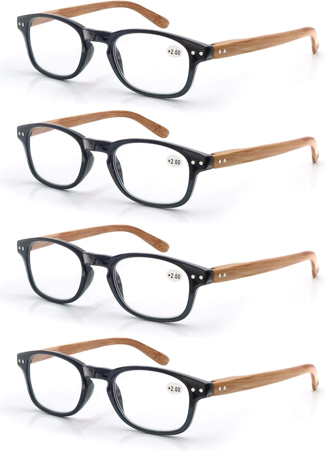 MODFANS 4 Pack Reading Glasses 1.5 Fashion Wood-Look Spring Hinges Stylish Readers Men Women Black