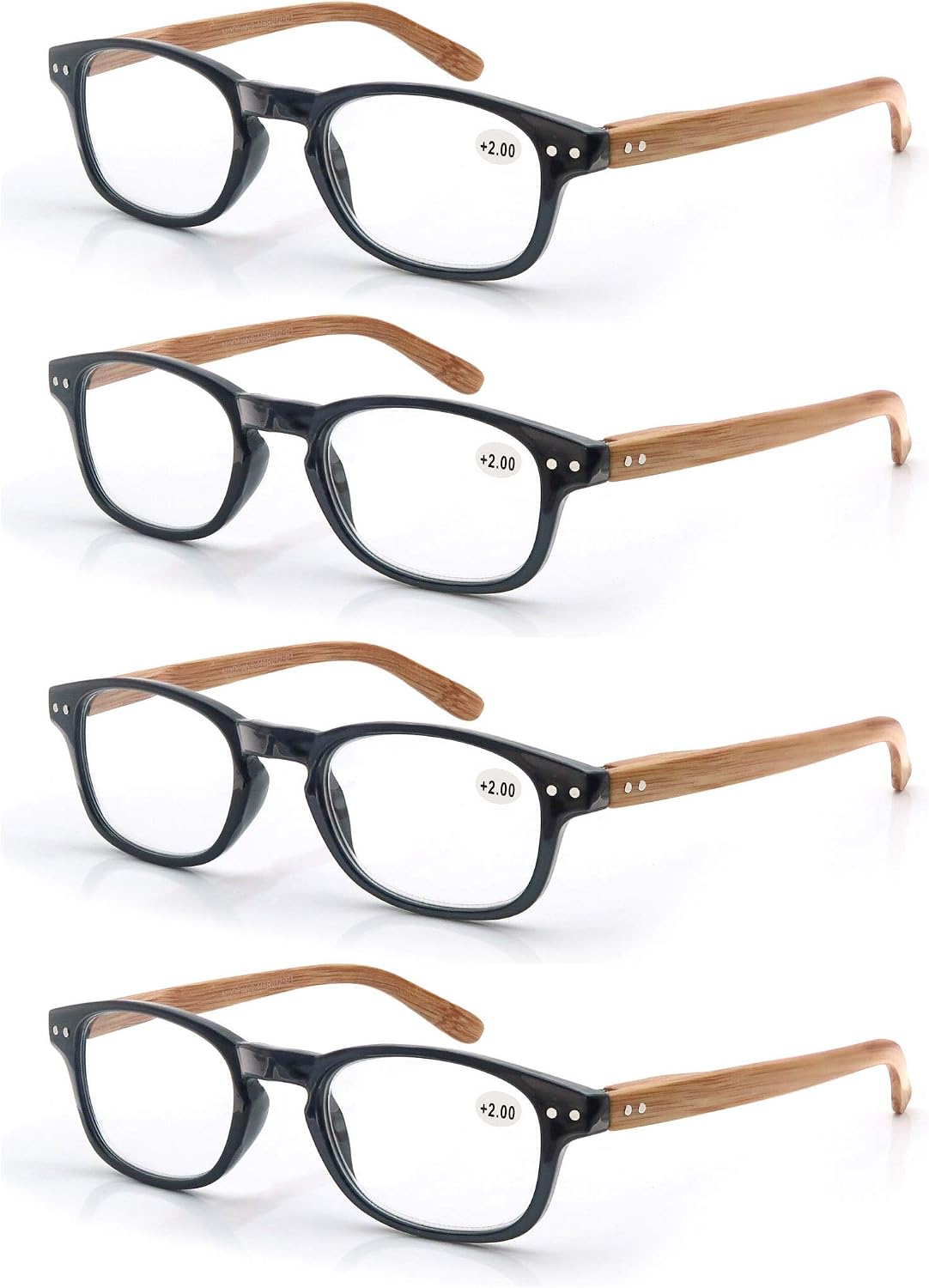 MODFANS 4 Pack Reading Glasses 2.5 Fashion Wood-Look Spring Hinges Stylish Readers Men Women Black