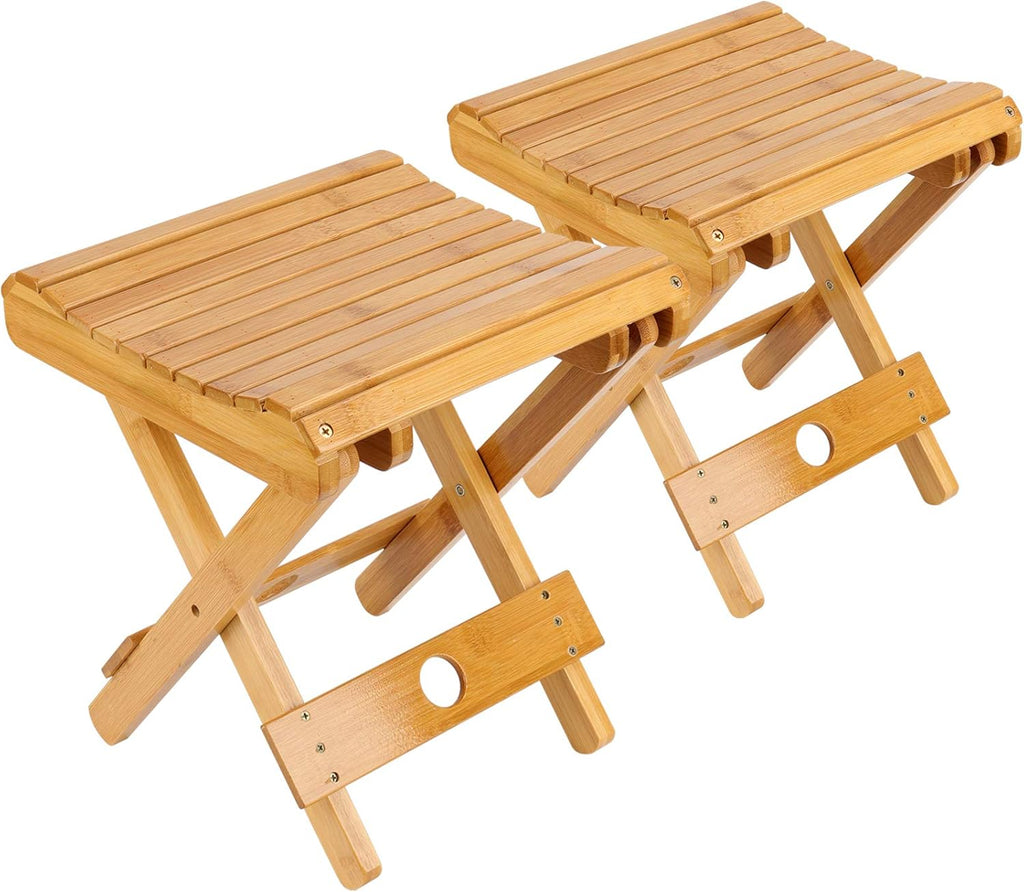 HOZEON 2 Pack 11 x 11 x 12.6 Inches Natural Bamboo Folding Stool for Shaving, Shower, Foot Rest, Picnic, Fishing