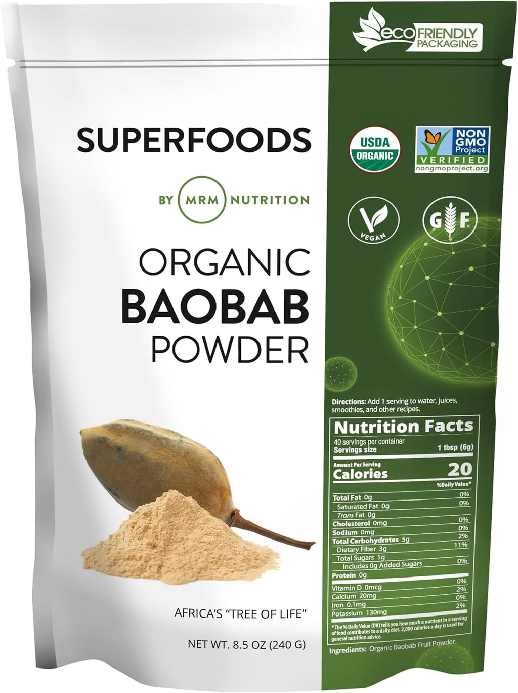 MRM Organic Baobab Powder - For Women & Men - USDA Organic Baobab Fruit Powder Superfood with Fiber, Antioxidants & Vitamin C for Smoothies, Juices & Daily Nutrition, Vegan, Gluten-Free - 40 Servings