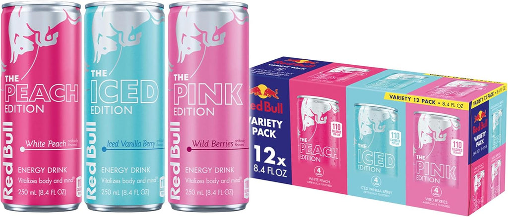 Red Bull Energy Drink Variety Pack, Peach, Iced Vanilla Berry, Pink, with 80mg Caffeine, Taurine & B Vitamins, 8.4 fl. oz, Pack of 12 Cans