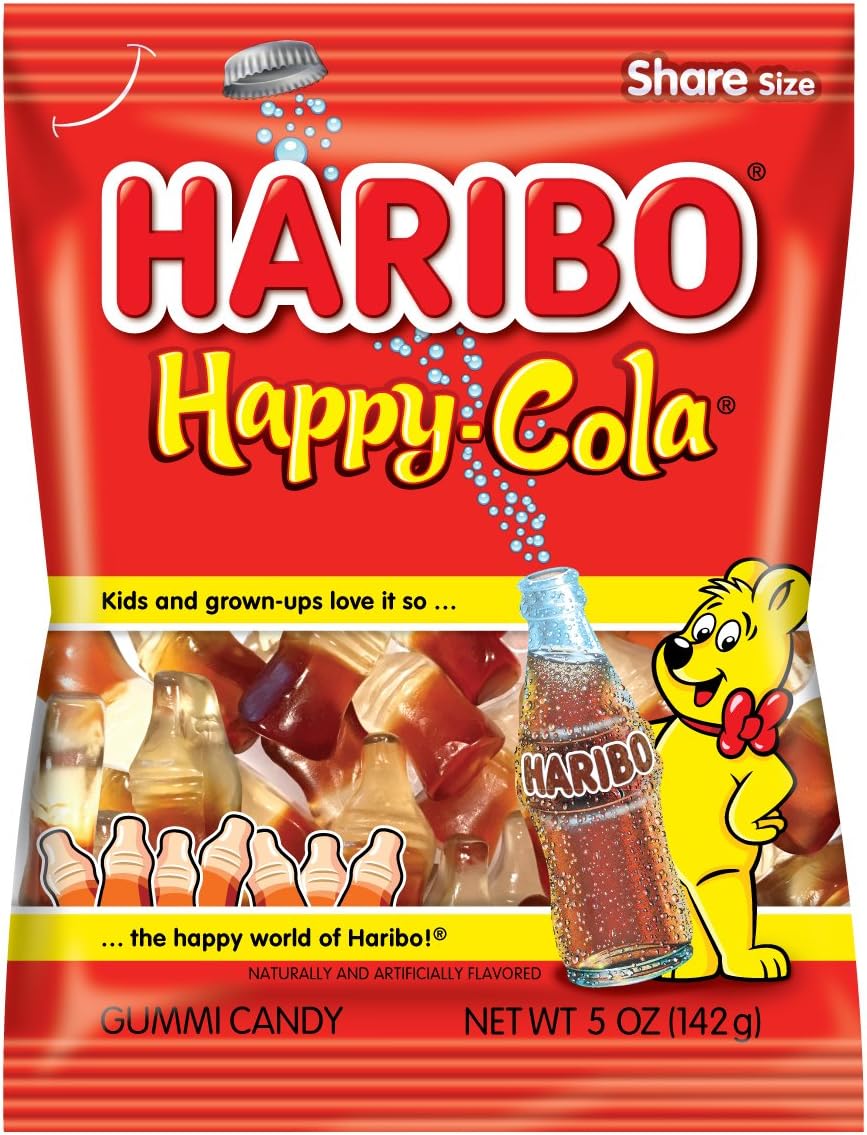 HARIBO Gummi Candy, Happy-Cola Gummy Candy Soda Bottles, 5 Ounce Share Size Bags (Pack of 12) Delicious Soft & Chewy Sweet Snacks, Classic Cola Flavor