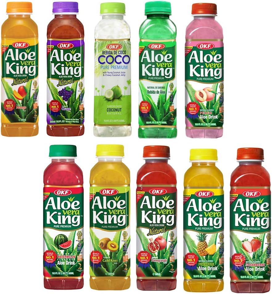 OKF Aloe Vera King Drink, Flavors includes Coco, Original, Grape, Mango, Pineapple, Watermelon, Pomegranate, Gold Kiwi, Peach, and Strawberry (10 flavor variety pack, 10)