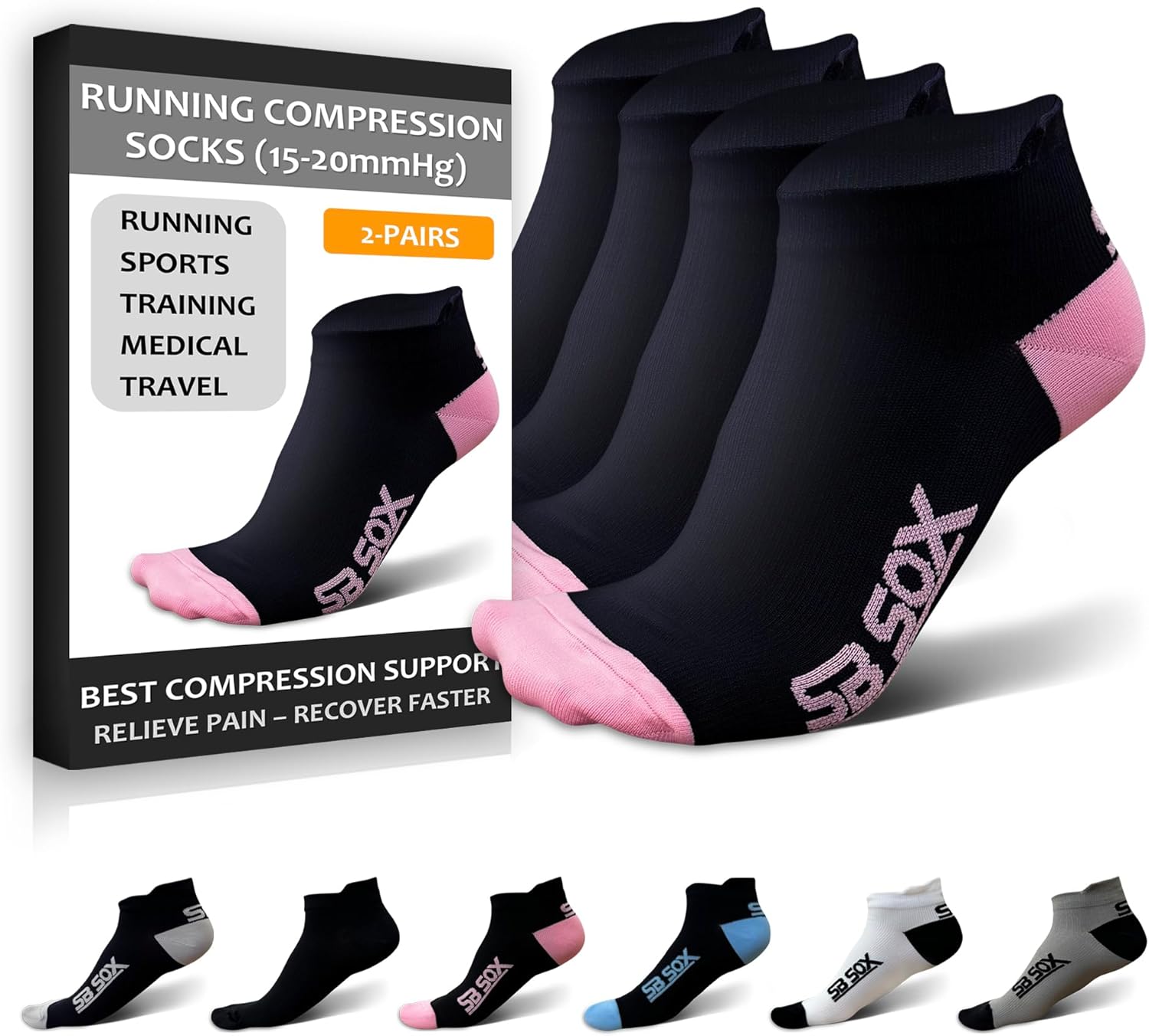 SB SOX 2-Pair Compression Socks for Men and Women (15-20mmHg) – Low Cut Running Athletic Socks for All-Day Wear