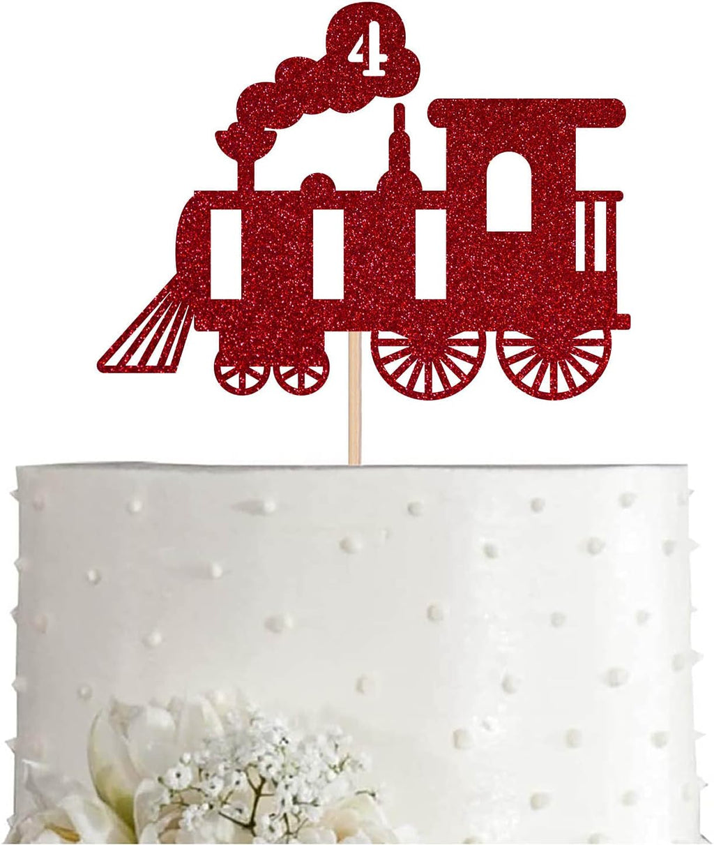 Red Train 4th Birthday Cake Topper, Red Glitter Boy Girl 4 Years Birthday Party Decoration