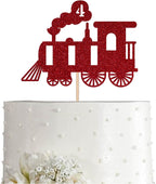 Red Train 4th Birthday Cake Topper, Red Glitter Boy Girl 4 Years Birthday Party Decoration