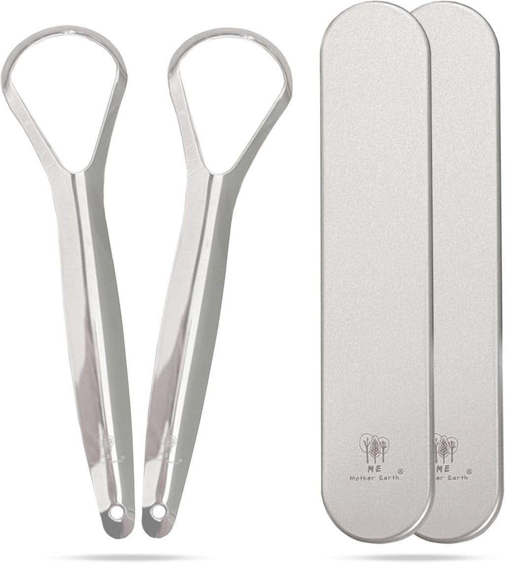 Me Mother Earth 2 pack Stainless Steel Tongue Scraper for Adults with 2 Metal Travel Cases – Durable Metal Cleaner for Oral Care, Fresh Breath, and Eco-Friendly Dental Care