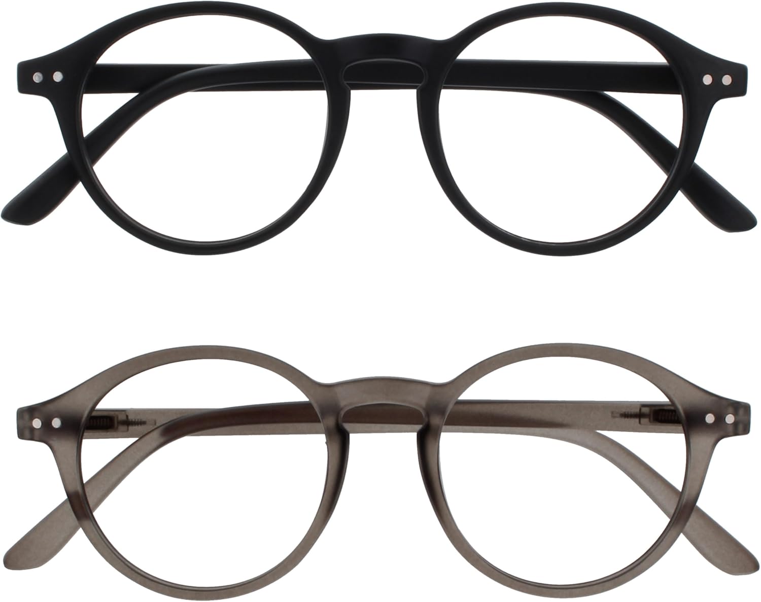 OPULIZE REY Reading Glasses for Women Men, Retro Round Frame with Spring Hinges, Matte Black, Grey +2.00 (Pack of 2)