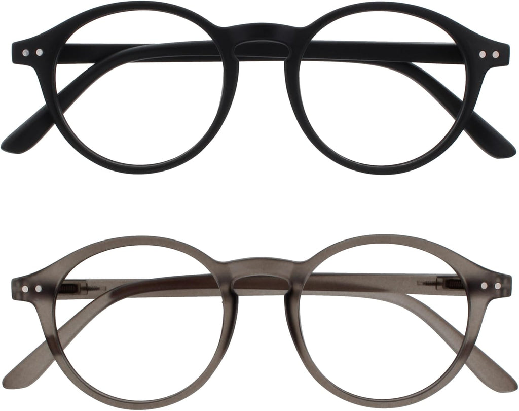 OPULIZE REY Reading Glasses for Women Men, Retro Round Frame with Spring Hinges, Matte Black, Grey +2.50 (Pack of 2)