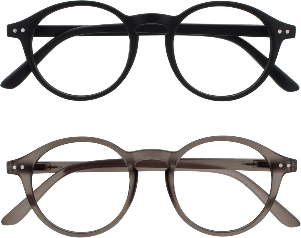OPULIZE REY Reading Glasses for Women Men, Retro Round Frame with Spring Hinges, Matte Black, Grey +1.00 (Pack of 2)