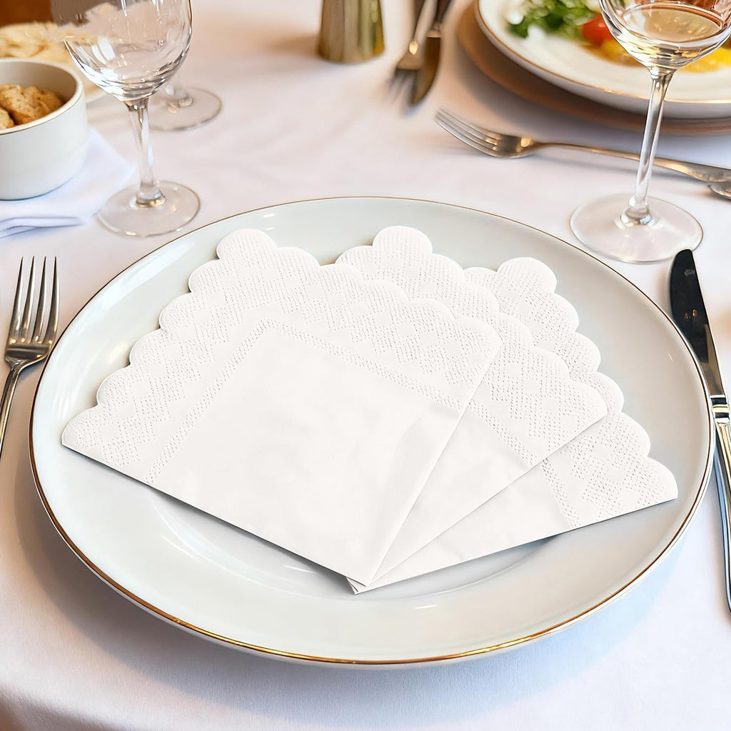 100 Pcs White Cocktail Napkins, 2-Ply Disposable Small Paper Napkins for Beverage, Dessert, Appetizer, 5x5 Inch Scalloped-Edge Cocktail Napkins for Bar, Party, Wedding, Birthday, Dinner & Everyday Use