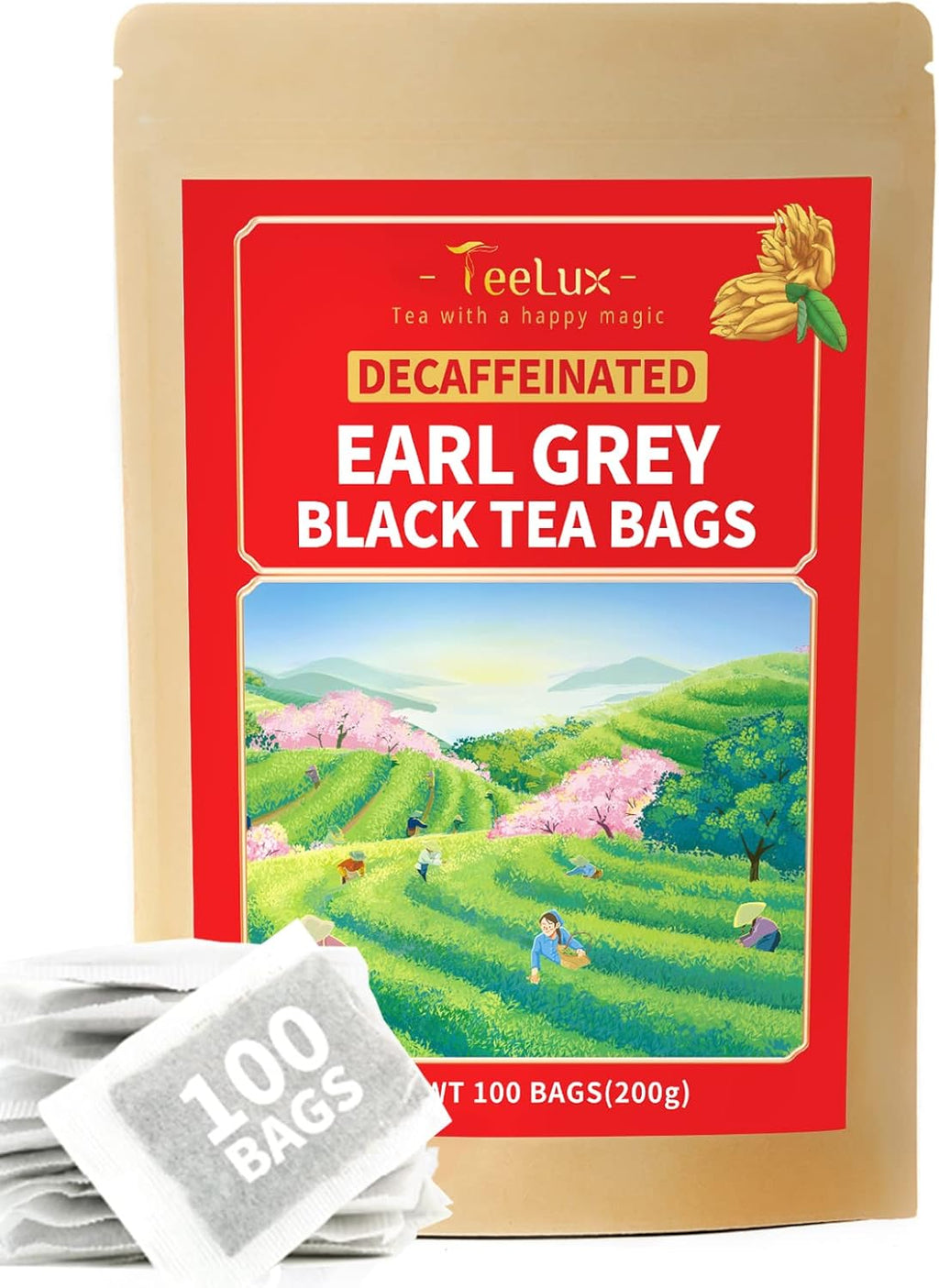 TeeLux Decaf Earl Grey Tea Bags, Decaffeinated Black Tea Blended with Natural Bergamot, Smooth & Full-Bodied, Enjoy Hot or Iced, 100 Count
