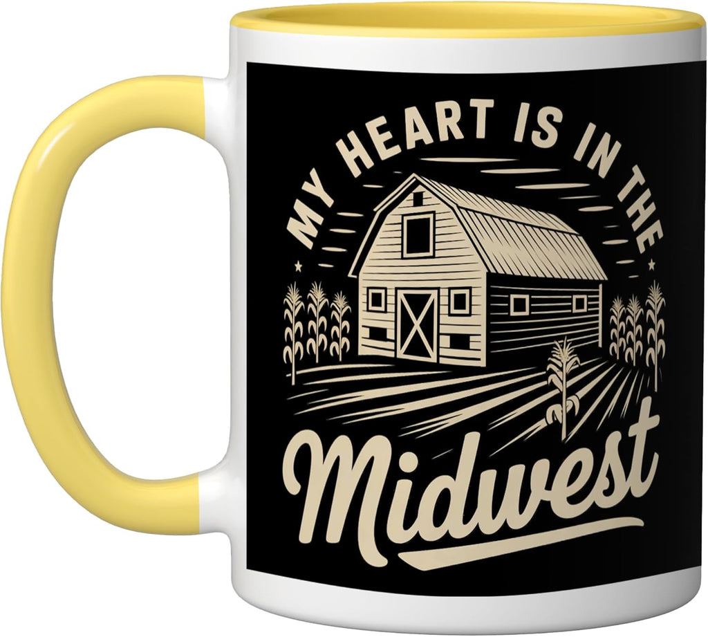My Heart Is In The Midwest USA Souvenir Ceramic Mug, Yellow/White