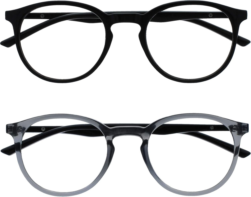 OPULIZE MET Reading Glasses for Women Men, Slim Round Frame with Spring Hinges and Scratch Resistant, Black,Grey +2 (Pack of 2)