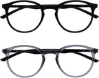 OPULIZE MET Reading Glasses for Women Men, Slim Round Frame with Spring Hinges and Scratch Resistant, Black,Grey +2 (Pack of 2)