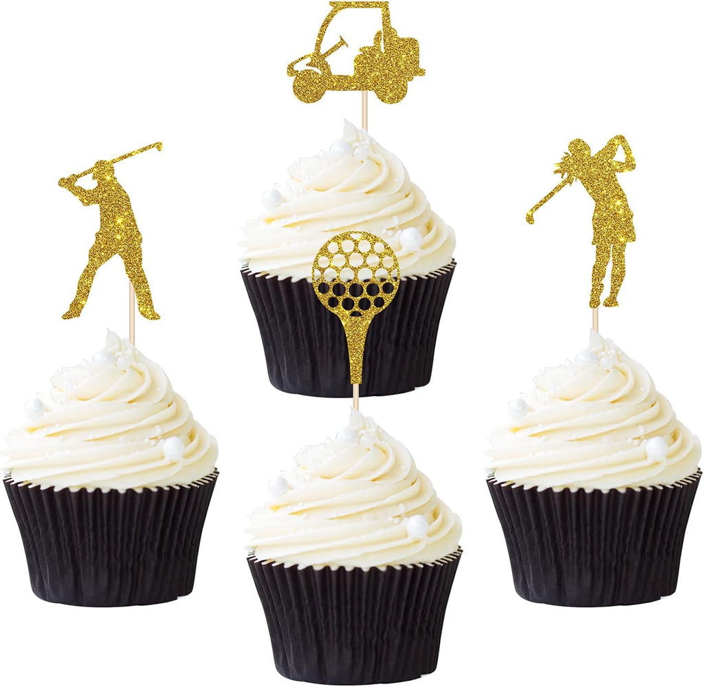 Gold Glitter Golf Cupcake Toppers, Golf Themed Baby Shower Birthday Retirement Cupcake Table Decorations Supplies, 24 Pcs