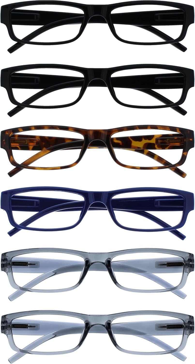 OPULIZE ACE Reading Glasses for Women Men, Lightweight Comfortable Narrow Rectangular Frame with Spring Hinges, Scratch Resistant, Black Brown Blue Grey +1.00 (Pack of 6)