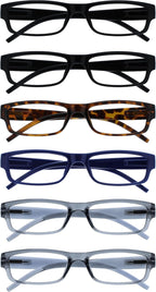 OPULIZE ACE Reading Glasses for Women Men, Lightweight Comfortable Narrow Rectangular Frame with Spring Hinges, Scratch Resistant, Black Brown Blue Grey +1.50 (Pack of 6)