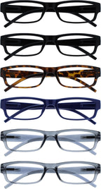 OPULIZE ACE Reading Glasses for Women Men, Lightweight Comfortable Narrow Rectangular Frame with Spring Hinges, Scratch Resistant, Black Brown Blue Grey +3.00 (Pack of 6)