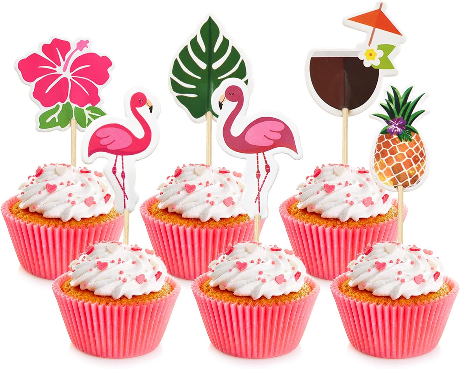 Hawaiian Cupcake Toppers, 48Pcs Flamingo Pineapple Tropical Palm Leaves Cake Picks for Hawaii Luau Summer Beach Theme Party Decoration