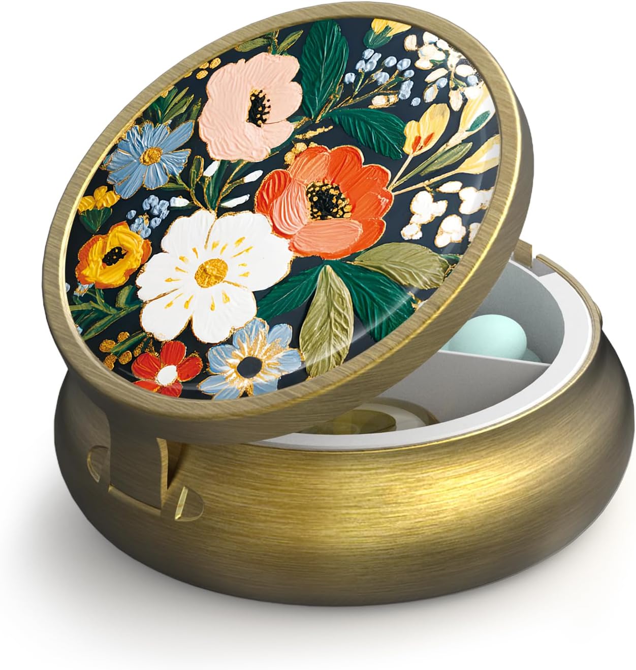 Small Pill Case Pill Box with Mirror Retro 3 Compartment Pill Holder for Purse or Pocket Bronze Portable Medicine Vitamin Container Fish Oil and Supplement Storage BPA-Free(Retro Floral)