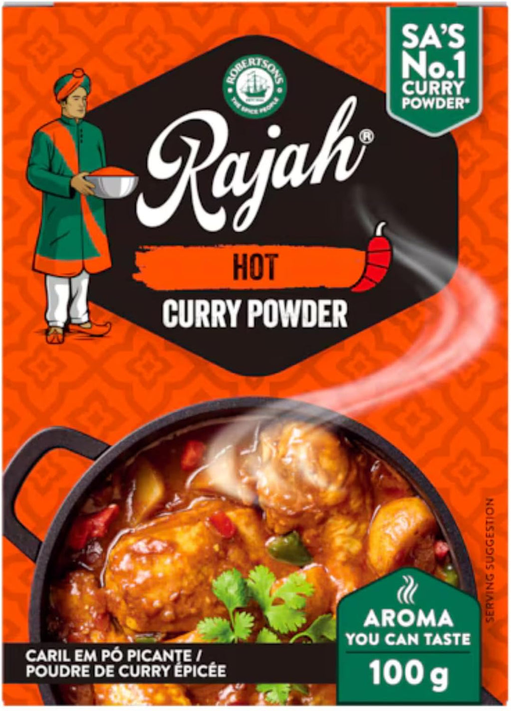 Robertsons Rajah Hot Curry Powder 100g | Authentic South African Curry Spice Blend | Bold & Spicy Flavor | For Curries, Stews & Marinades | 1 Pack