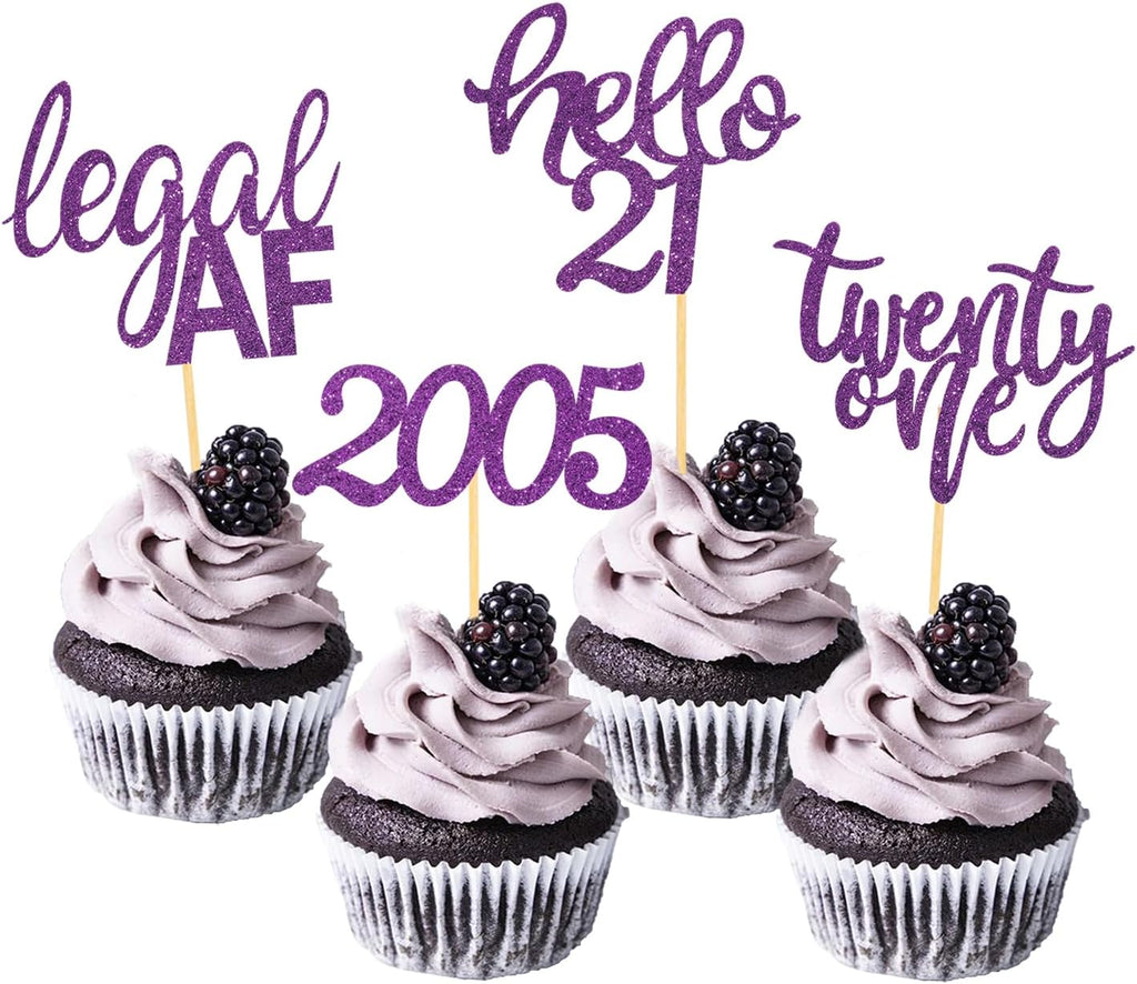 24 Pcs Glitter 21st Birthday Cupcake Toppers for Celebrating Twenty One Years Old Birthday Party Decorations (Purple)
