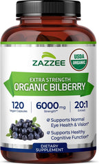 Zazzee USDA Organic Bilberry 20:1 Extract, 120 Vegan Capsules, 4 Month Supply, Vaccinium Myrtillus, Eye Health, Vision & Antioxidant Support, All-Natural, Non-GMO, Made in the USA