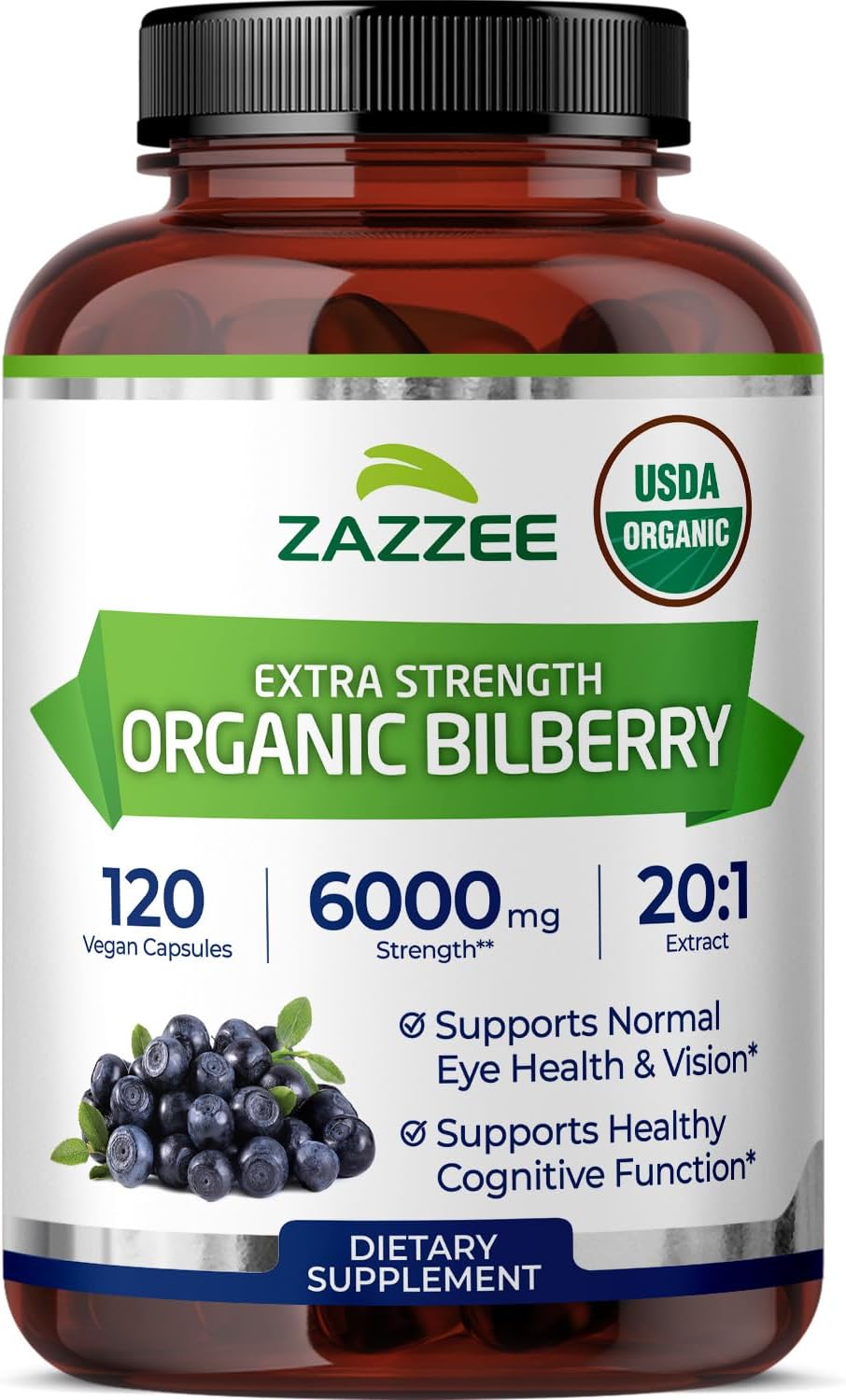 Zazzee USDA Organic Bilberry 20:1 Extract, 120 Vegan Capsules, 4 Month Supply, Vaccinium Myrtillus, Eye Health, Vision & Antioxidant Support, All-Natural, Non-GMO, Made in the USA