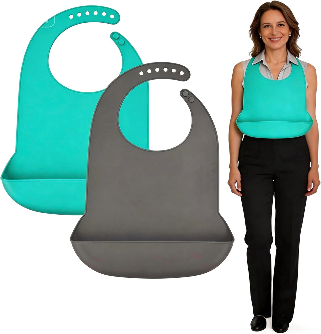 2 Pack Adult Bibs for Men & Women，Adjustable Adult Silicone Bib， Washable Waterproof Bibs for Adults with Crumb Catcher，Gift for Mom/Dad