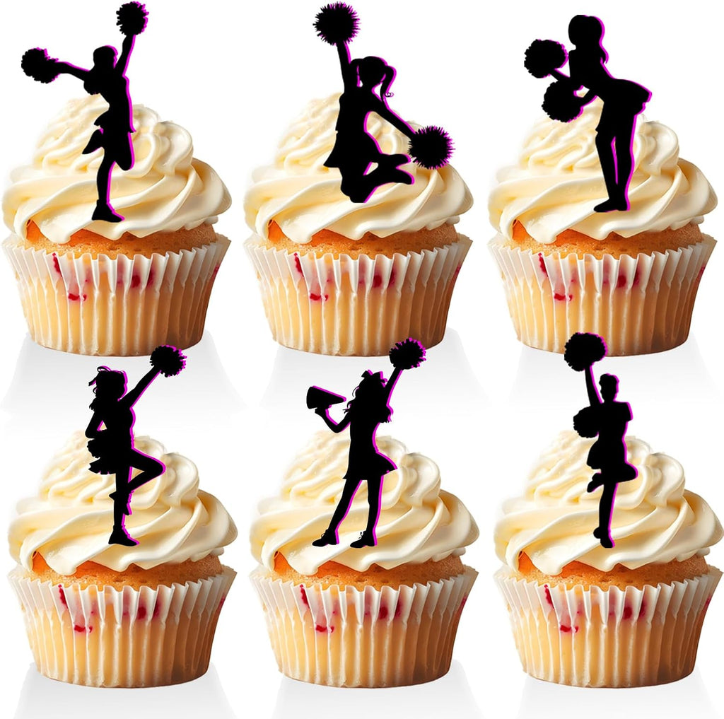 18 PCS Pink Silhouette Cheerleader Cupcake Toppers for Girls Women Lady Cheer Birthday Party Cake Decorations Gymnastics Themed Party Supplies